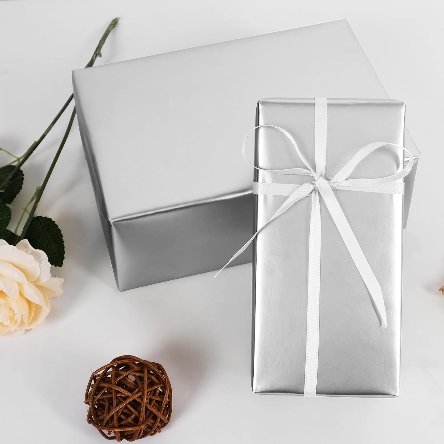 Silver Metallic Wrapping Paper Roll - 17 Inches X 32.8 Feet, Matte Solid Silver Color Paper For Birthday, Christmas, Wedding, Baby Shower, Holiday, Bridal Shower