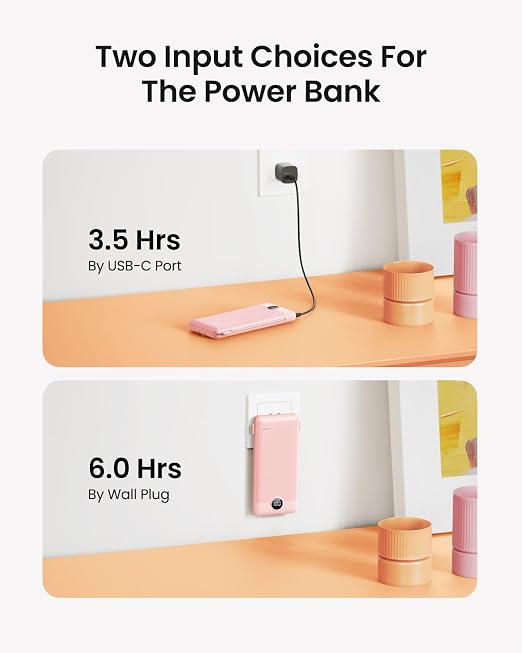 10000mAh Slim USB C Power Bank with Built In Cables Wall Plug LED Display Pink