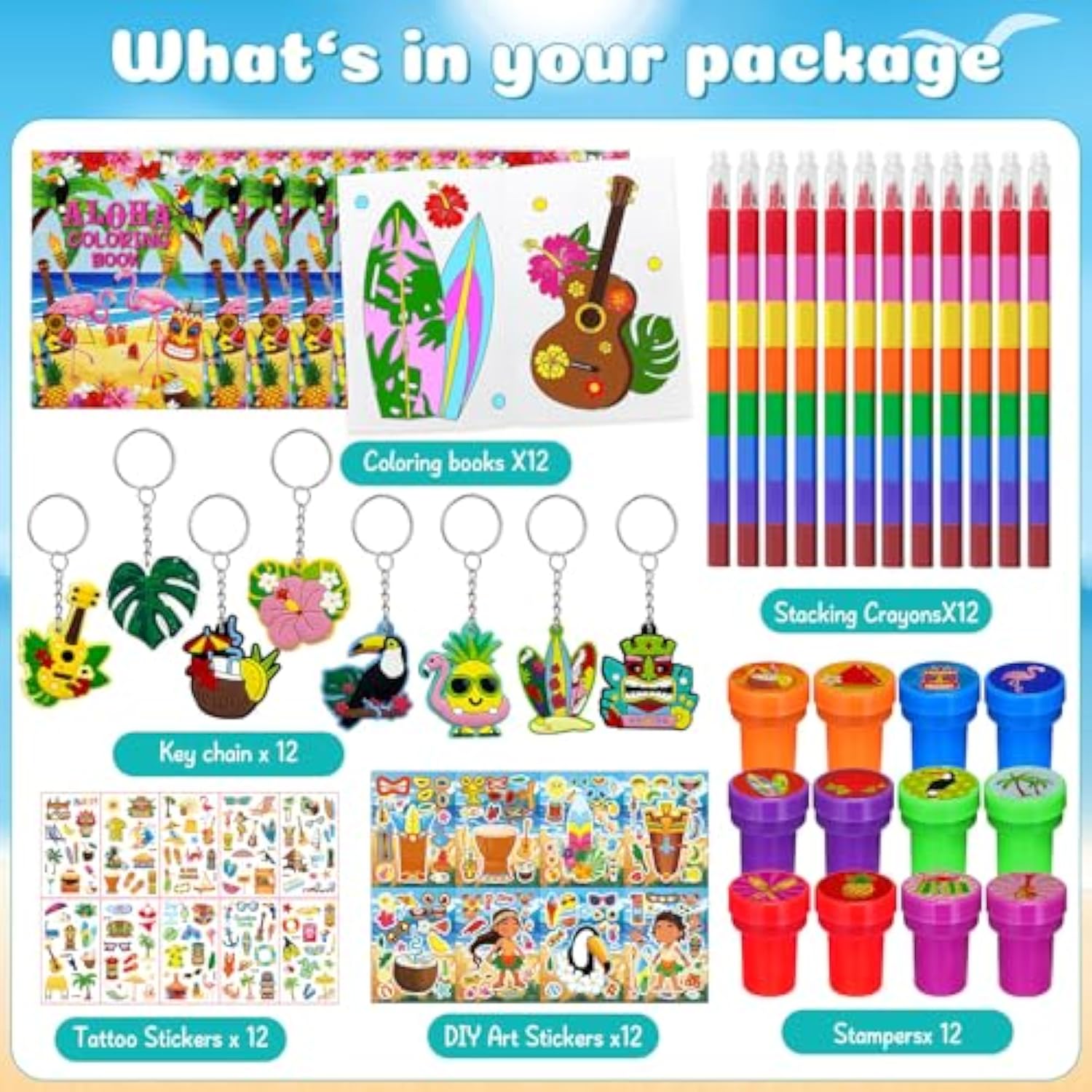 72 Pcs Hawaiian Luau Party Favors, Tropical Moana Flamingo Coloring Books Bulk, Aloha Tiki Summer Birthday Goodie Bag Fillers, Tattoos Stickers Stampers Prizes For Beach Pool Party