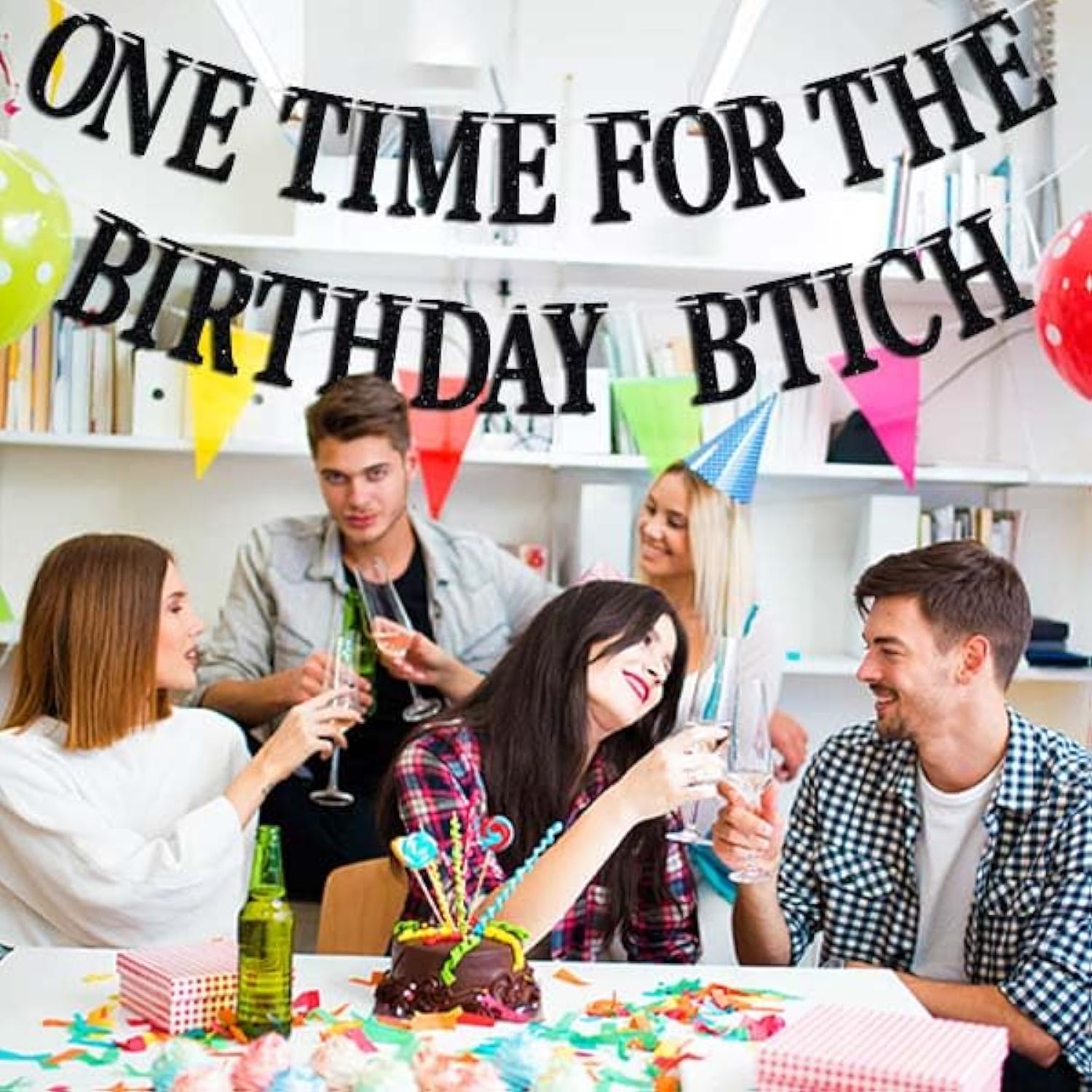 One Time For The Birthday Girl Banner - Happy Birthday Bunting Backdrops - Funny Birth Day Sign, Woman Bday Anniversay Party Decorations Supplies(Black)