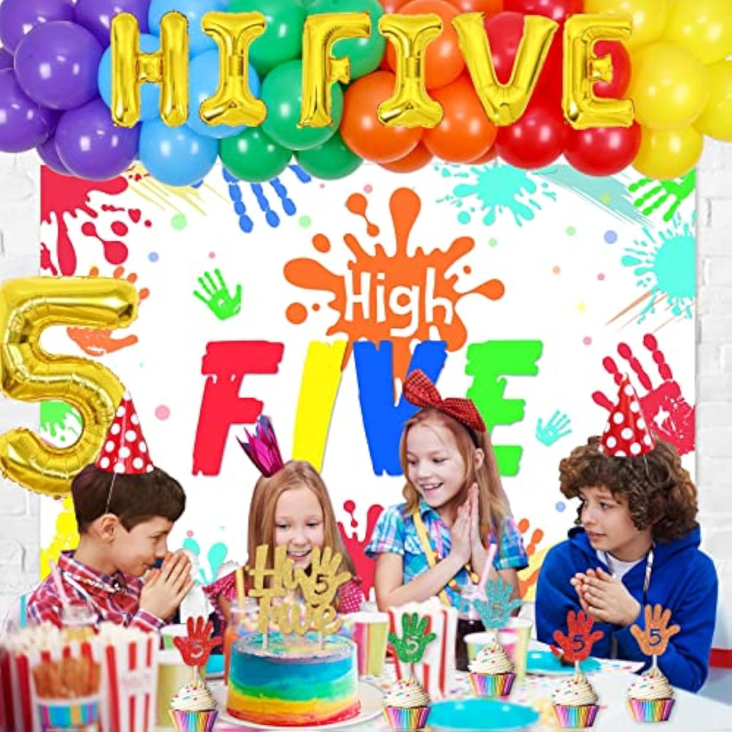 Hi Five Birthday Party Decorations, 5Th Birthday Party Decorations For Boys Girls, Rainbow Balloons High Five Backdrop Number 5 Foil Cake Cupcake Toppers Five Year Old Hand Print Birthday