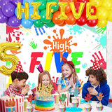 Hi Five Birthday Party Decorations, 5Th Birthday Party Decorations For Boys Girls, Rainbow Balloons High Five Backdrop Number 5 Foil Cake Cupcake Toppers Five Year Old Hand Print Birthday