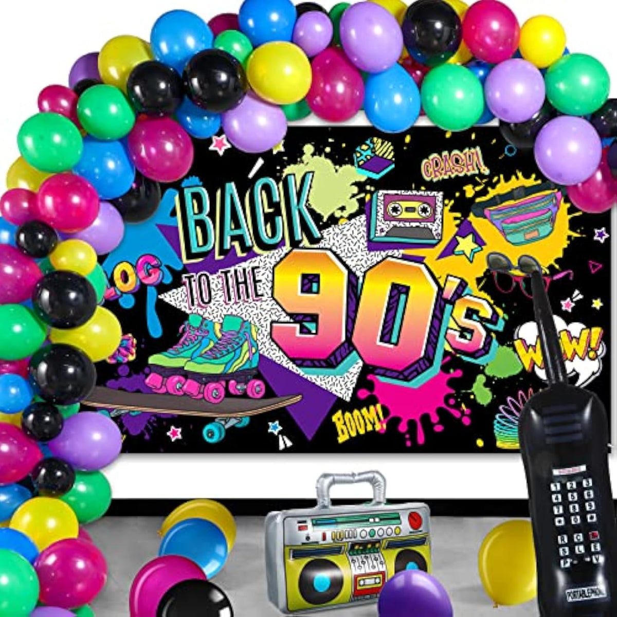 80S 90S Party Decorations: 80'S 90'S Party Bundle Includes Inflatable Radio Boombox And Mobile Phone, Backdrop, 55 Balloons, 80S 90S Supplies