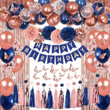 Rose Gold And Navy Blue Birthday Party Decorations With Happy Birthday Banner, Curtains, Butterfly Wall, Circle Dots Garland, Tissue Pompoms, Paper Tassels For Her