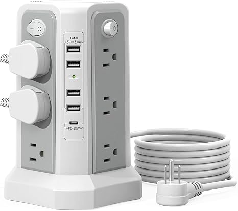 Tower Surge Protector Power Strip 12 Outlets 5 USB Ports 1 USB C 18W PD 10FT Extension Cord