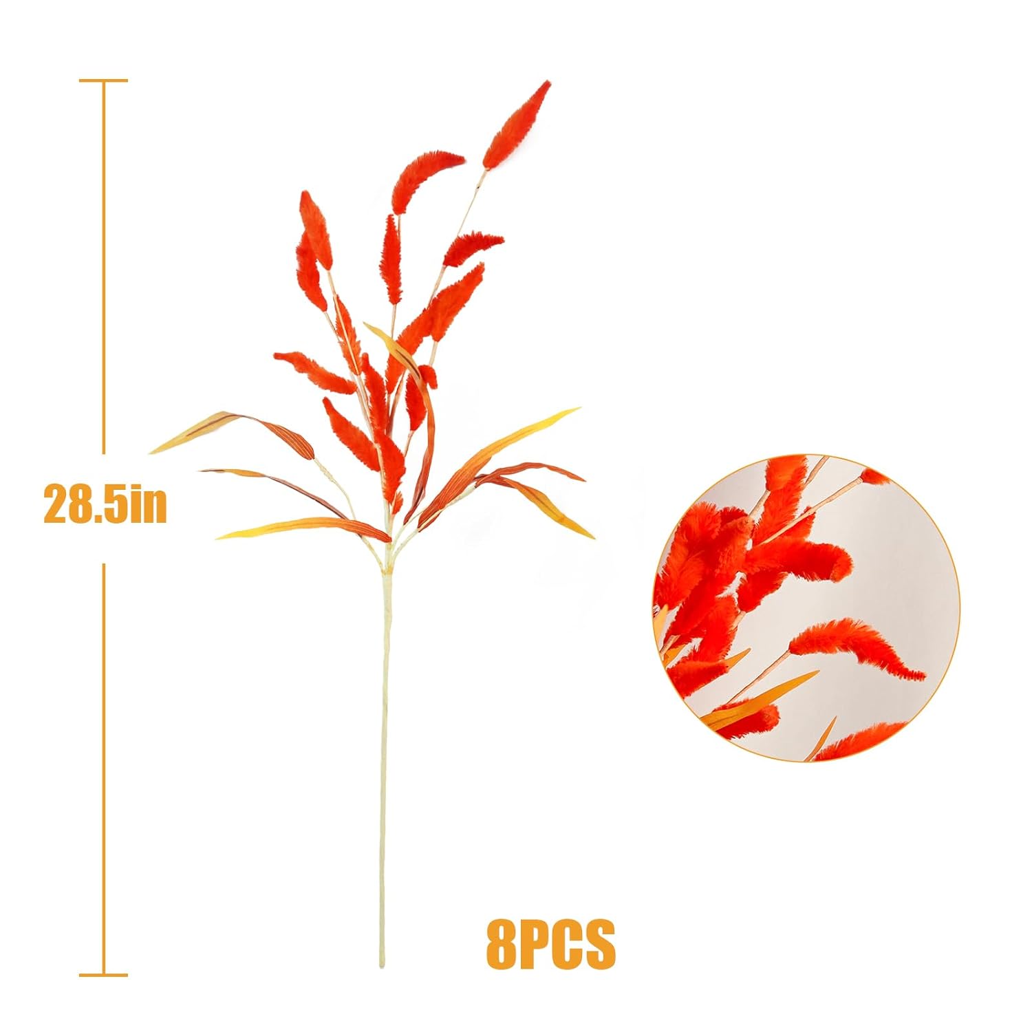 8Pcs Fake Fall Flowers Stems, 28Inch Artificial Orange Bunny Tail Flowers Faux Fall Floral Arrangements For Vase Home Wedding Centerpieces Fall Thanskgiving Decor