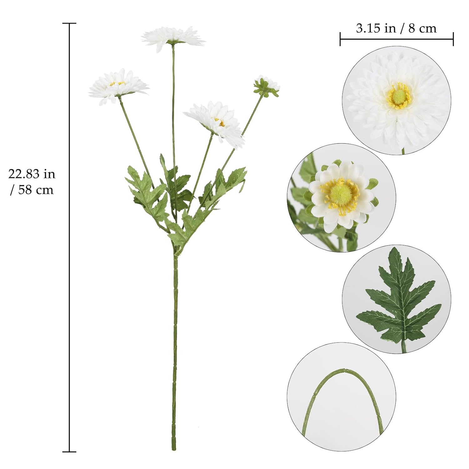 6Pcs White Daisy Artificial Flowers 22.8’’ Silk Fake Daisies Faux Wildflowers With Stems For Vase Table Centerpiece Home Wedding Party Garden Decoration(White)