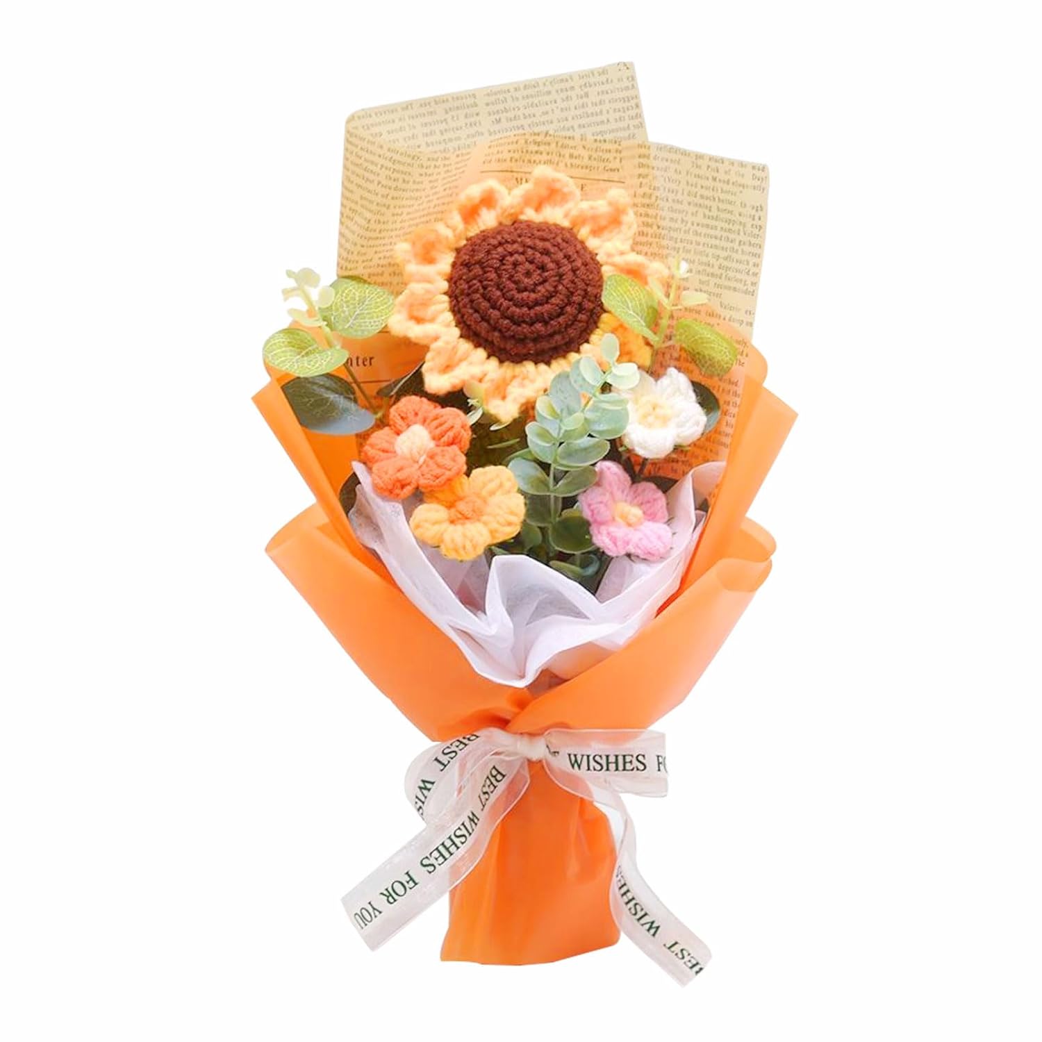 Crochet Flowers Bouquet, Handmade Knitted Bouquet, Crochet Flower Kit Knitted Fake Sunflower Daisy, Gift For Mother Wife On Birthday Anniversary (Orange)