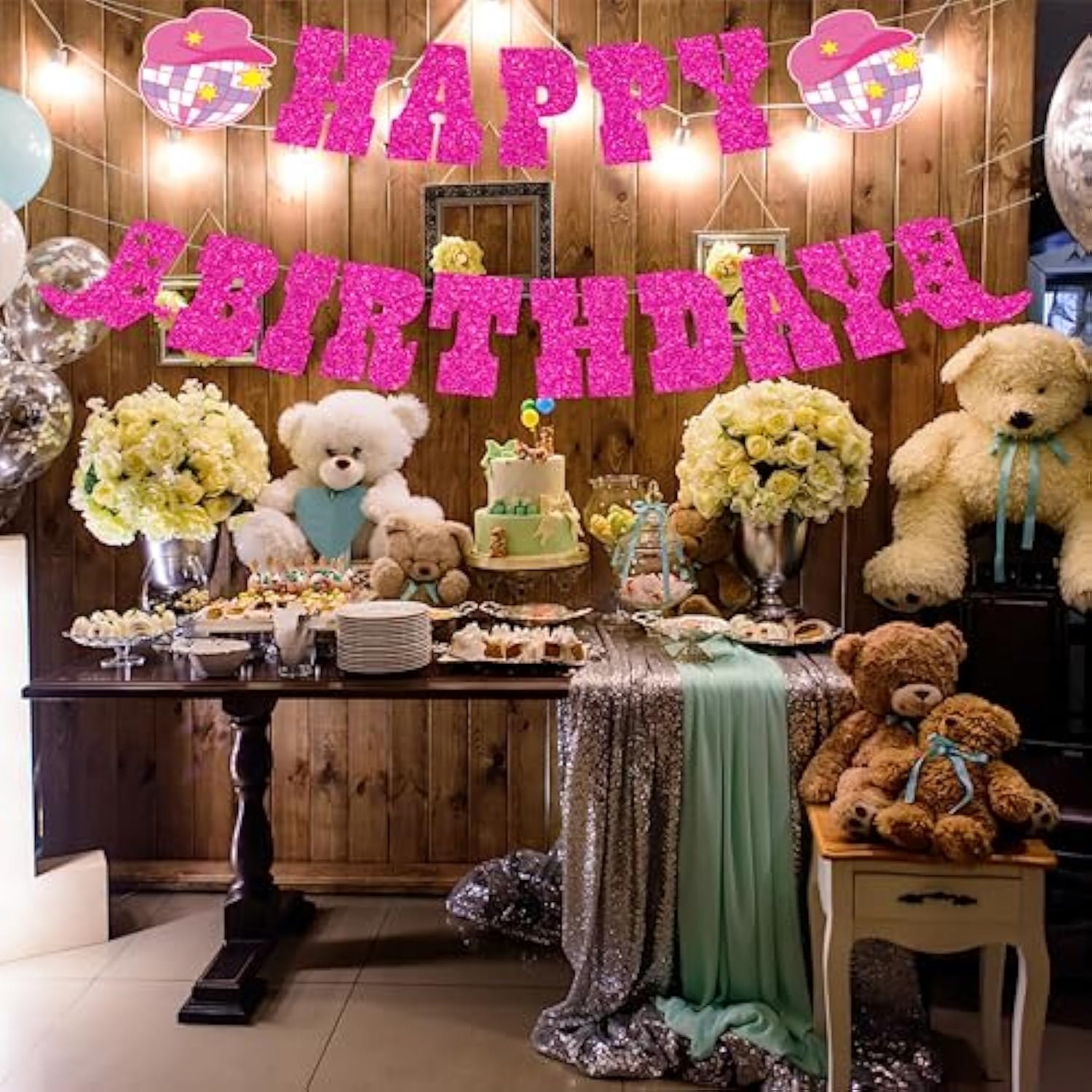 Cowgirl Birthday Décor Set – Glitter Banner with Boot, Hat & Disco Ball Garland for Girls’ Parties
