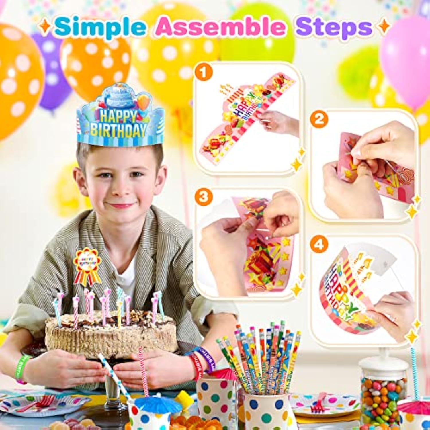 150 Pcs Happy Birthday Kits For Kids Classroom, Include Crowns, Silicone Stretches, Toy Whistles, Badge Stickers, Students Kindergarten Birthday Party Hats For School Teacher Classroom Party Supplies