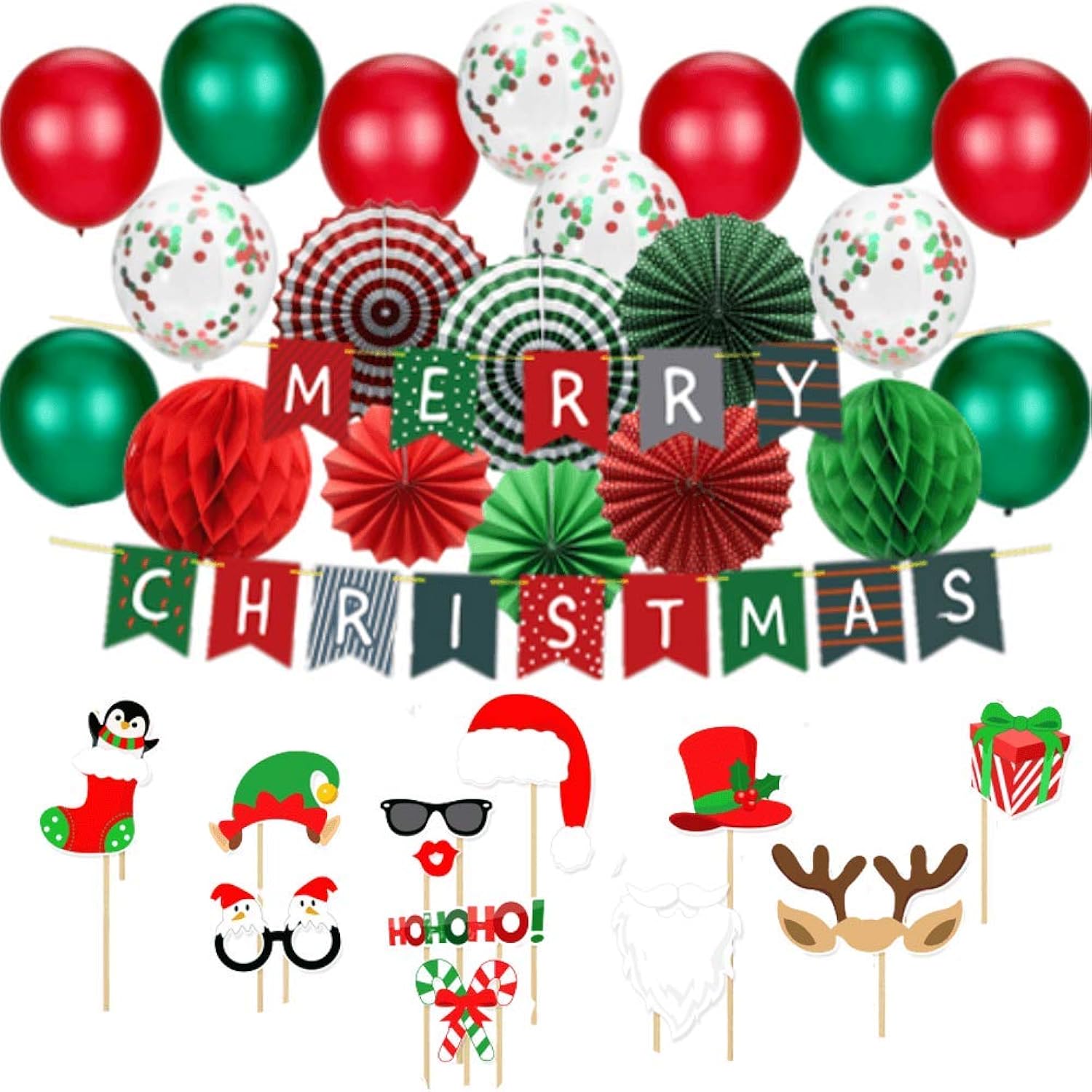 Christmas Party Decorations Kit - Set Includes Merry Christmas Banner Paper Fans Honeycomb Balls Xmas Photo Booth Props Confetti Balloons Red Green Latex Balloons String For Indoors Office Home Decors