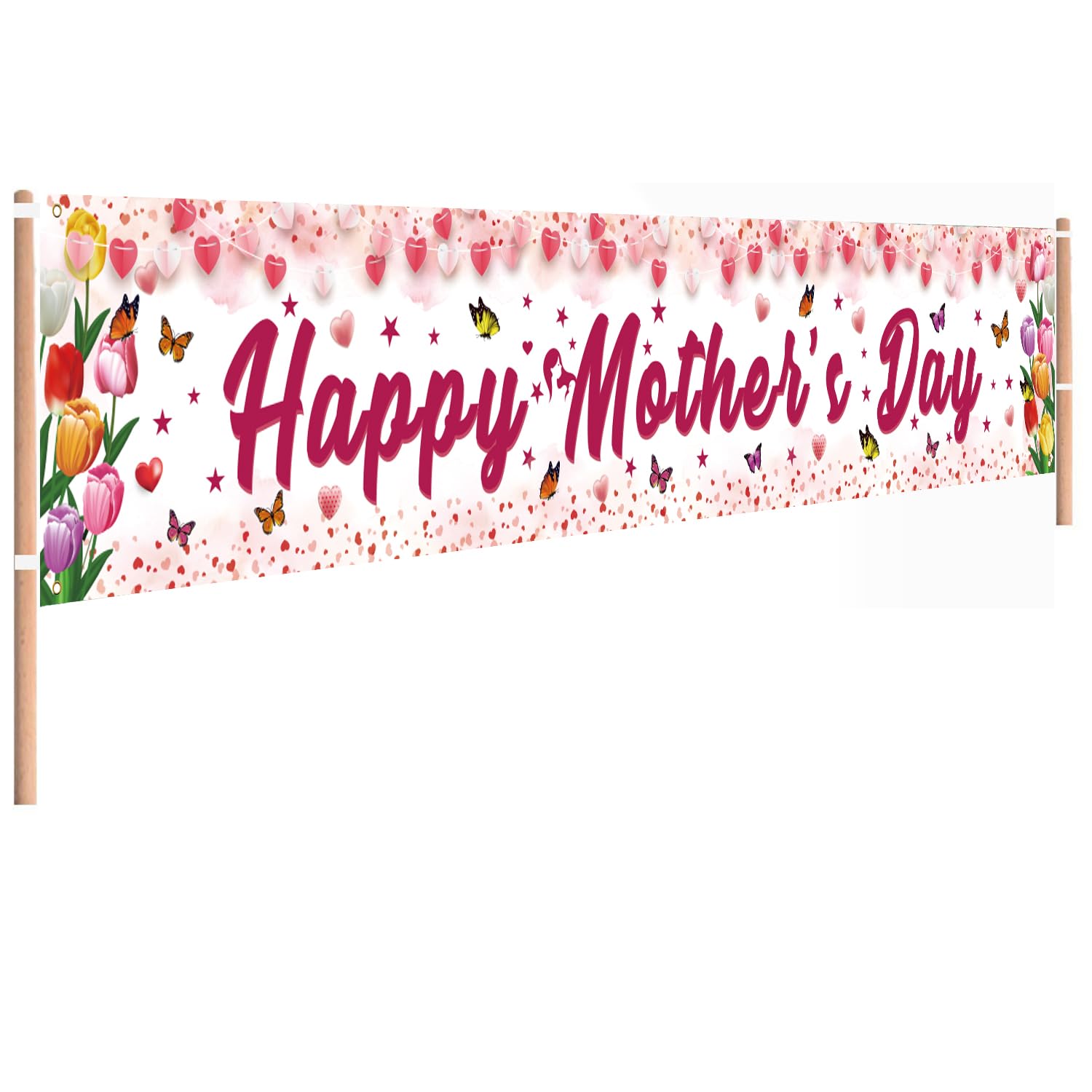 Mothers Day Decorations, Happy Mothers Day Banner, Large Size Pink Floral Design with Butterflies Mother's Day Outdoor Decorations, 118 x 20 Inch