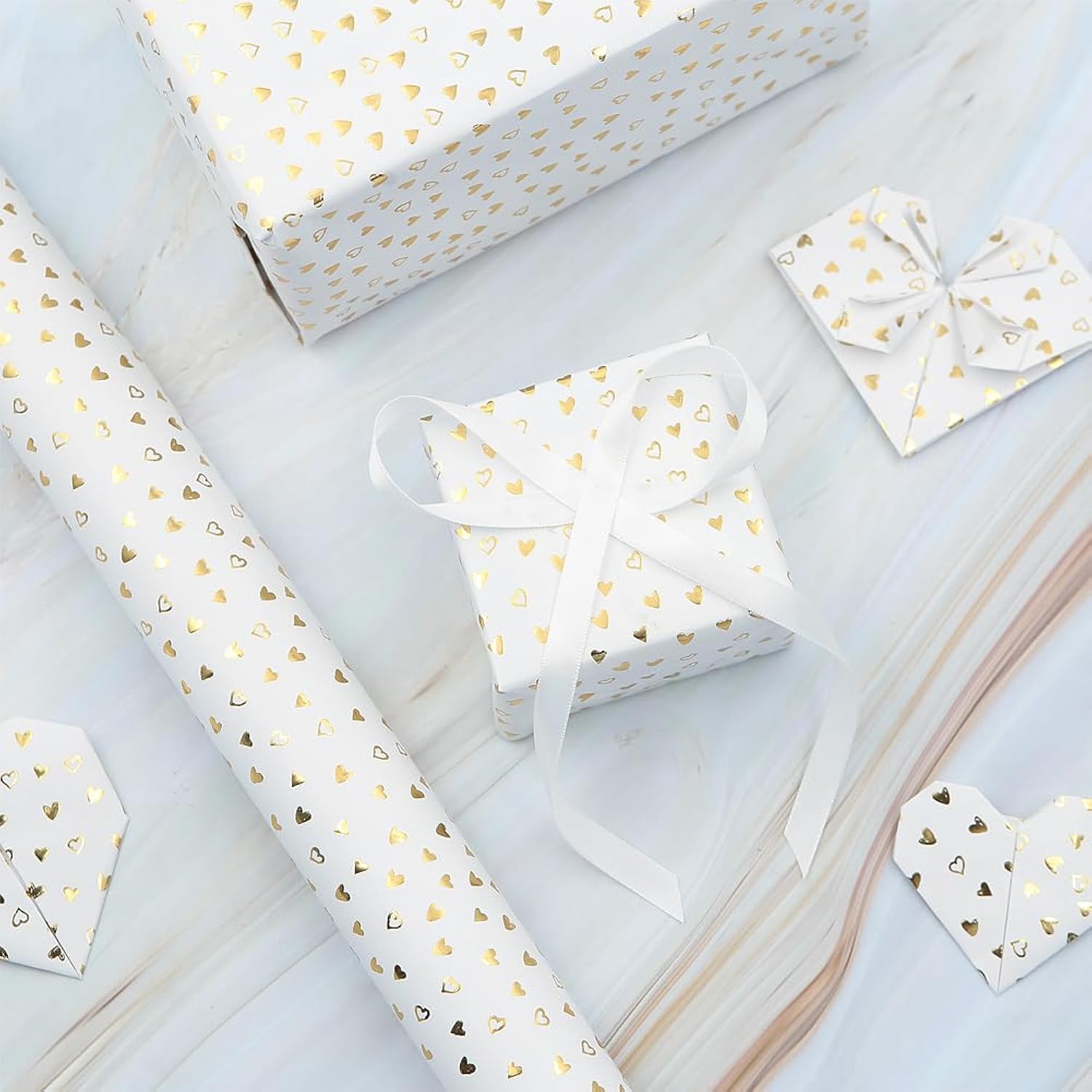 White With Metallic Gold Foil Mini Hearts Love Wrapping Paper - 1 Mini Roll 17 X 10 Ft Per Roll 14.1 Sq.Ft.Ttl - Luxury Heart Design Holiday Gift Wrap Present Paper For Valentine'S Day, Birthdays, Wedding & Showers, Anniversaries