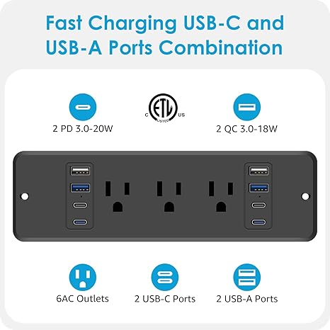 Recessed Power Strip 6 Outlets 20W USB C 6FT Flat Plug Extension Cord Flush Mount Black