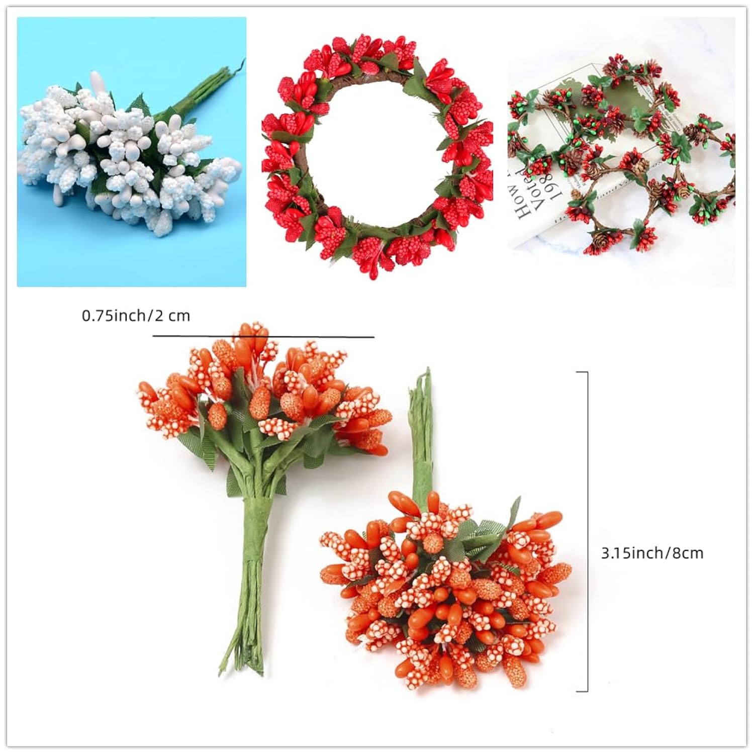 144Pcs Artificial Mini Flower Stamen Pistil And Soft Stem,20Mm Tiny Berry For Diy Make Bridal Hair Clips,Cake Top,Wrist Corsage Boutonniere,Candle Rings Wreath Bracelet Flower (Gold)