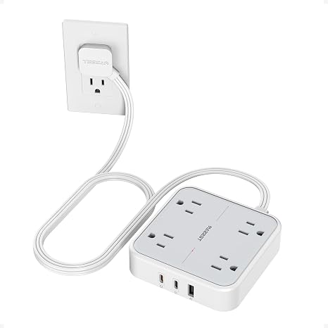 Surge Protector Flat Plug Power Strip 4 Outlets 3 USB Ports 2 USB C 5FT Extension Cord Grey