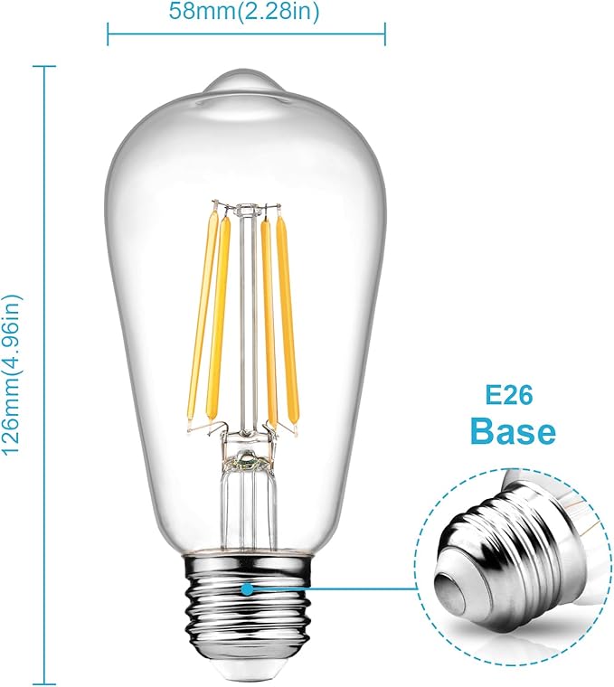 6 Pack Vintage LED Edison Bulbs ST58 6W 60W Equivalent 2700K Warm White Dimmable E26