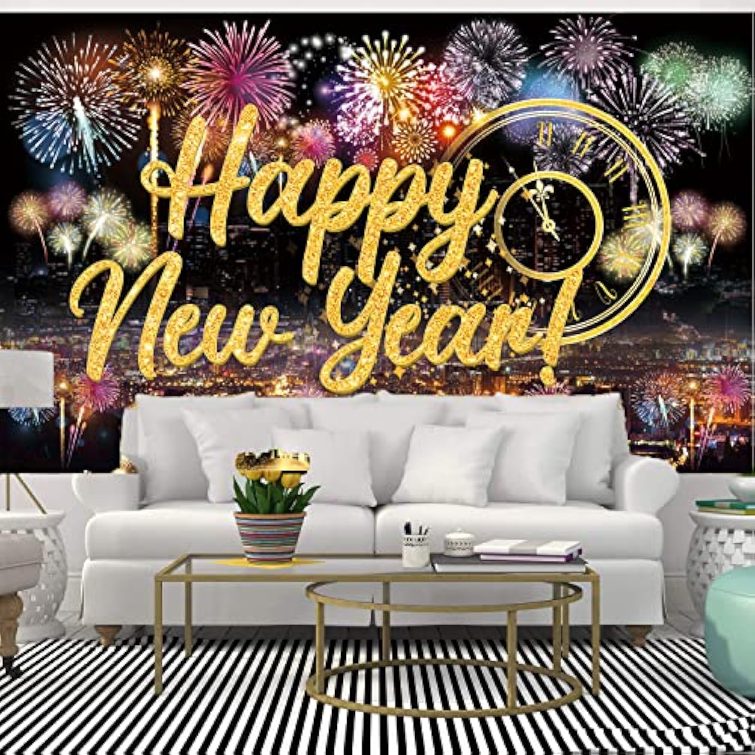 Happy New Year Fabric Backdrop Fireworks Party Photo Booth Banner