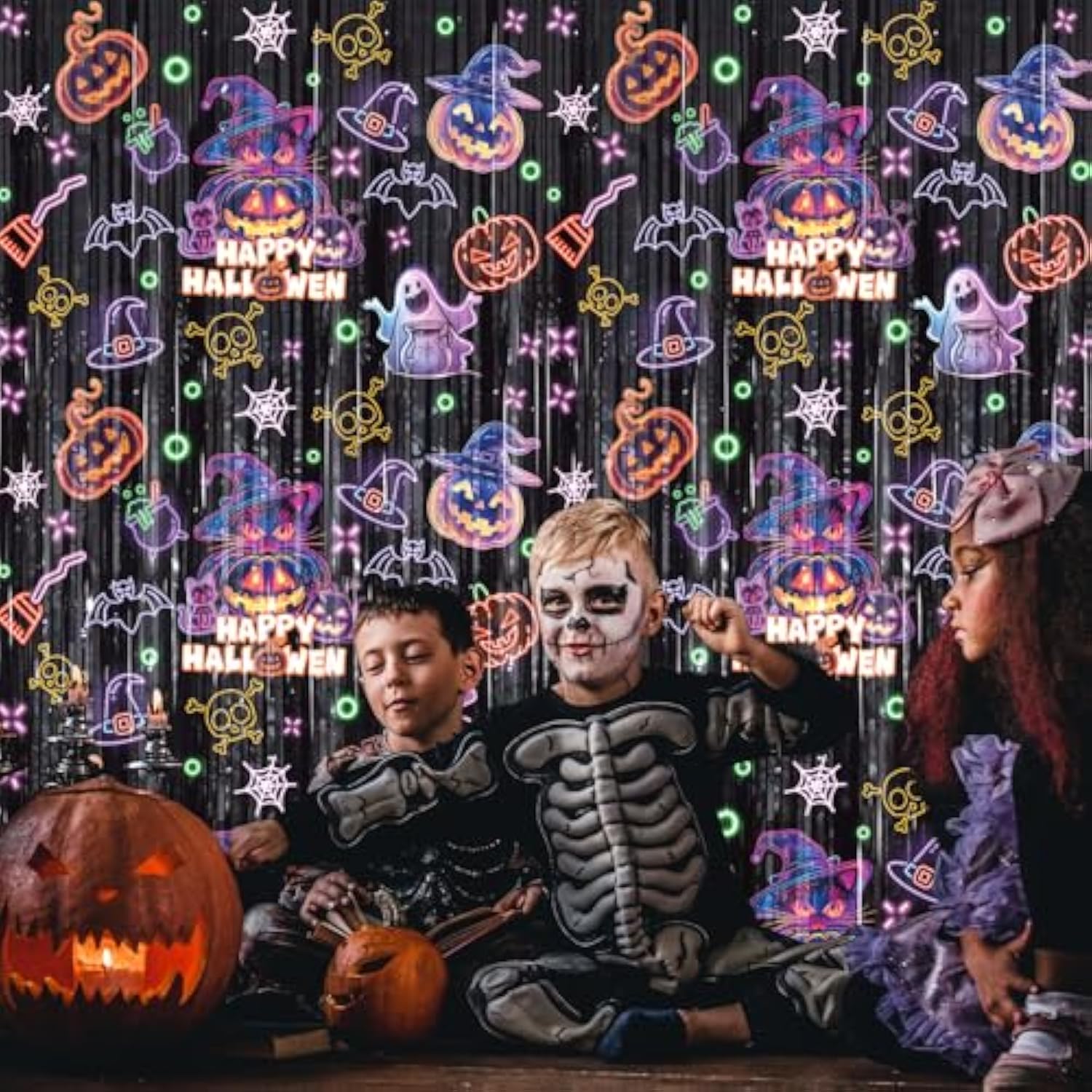 2 Pack Halloween Foil Fringe Curtains Backdrop with Pumpkin Ghost Bat Decorations