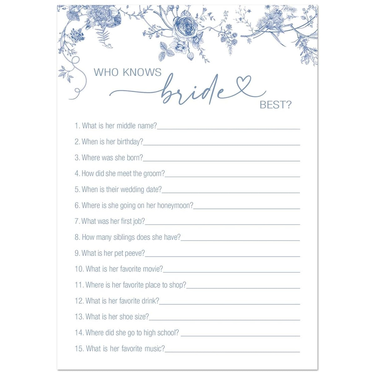 24 Blue Vintage Floral Bridal Shower Games (Who Knows Bride Best)