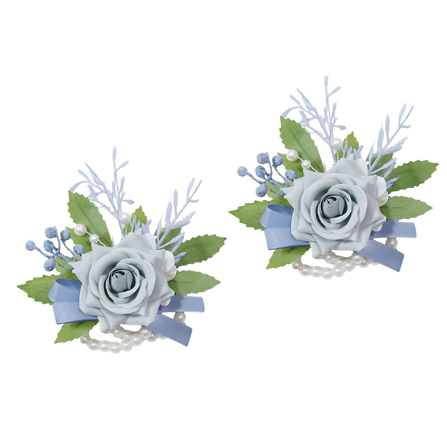 Flower Wrist Corsage Boutonniere Dusty Light Blue Rose For Wedding Bride Bridesmaid Groom Groomsmen Parents Lapel Flower Prom Homecoming Formal Dinner Father Daughter Dance (Light Blue Wrist Corsage)