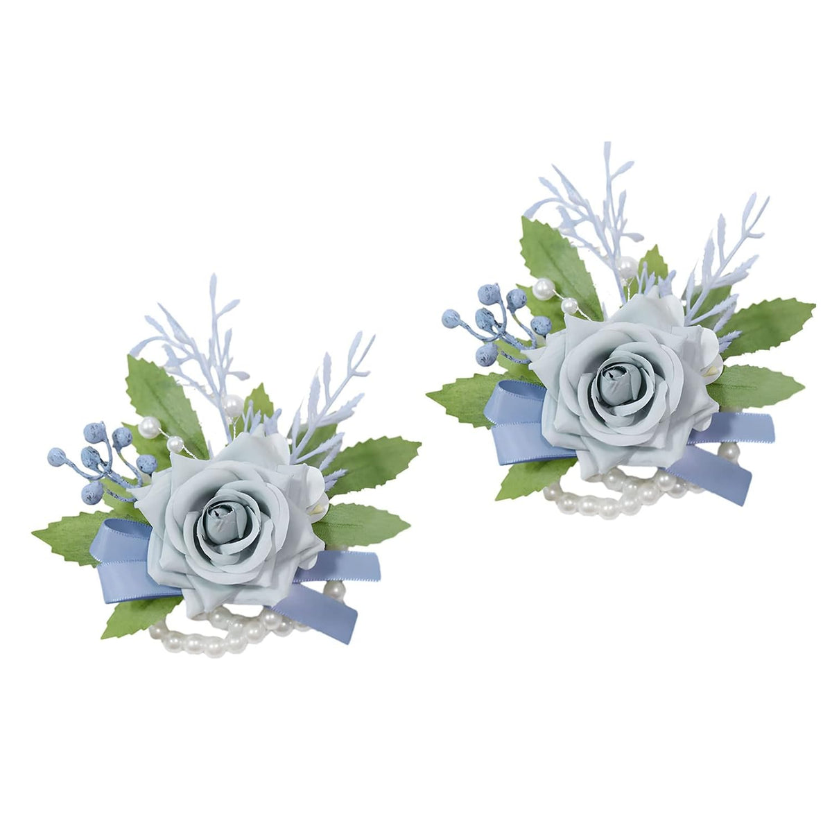 Flower Wrist Corsage Boutonniere Dusty Light Blue Rose For Wedding Bride Bridesmaid Groom Groomsmen Parents Lapel Flower Prom Homecoming Formal Dinner Father Daughter Dance (Light Blue Wrist Corsage)