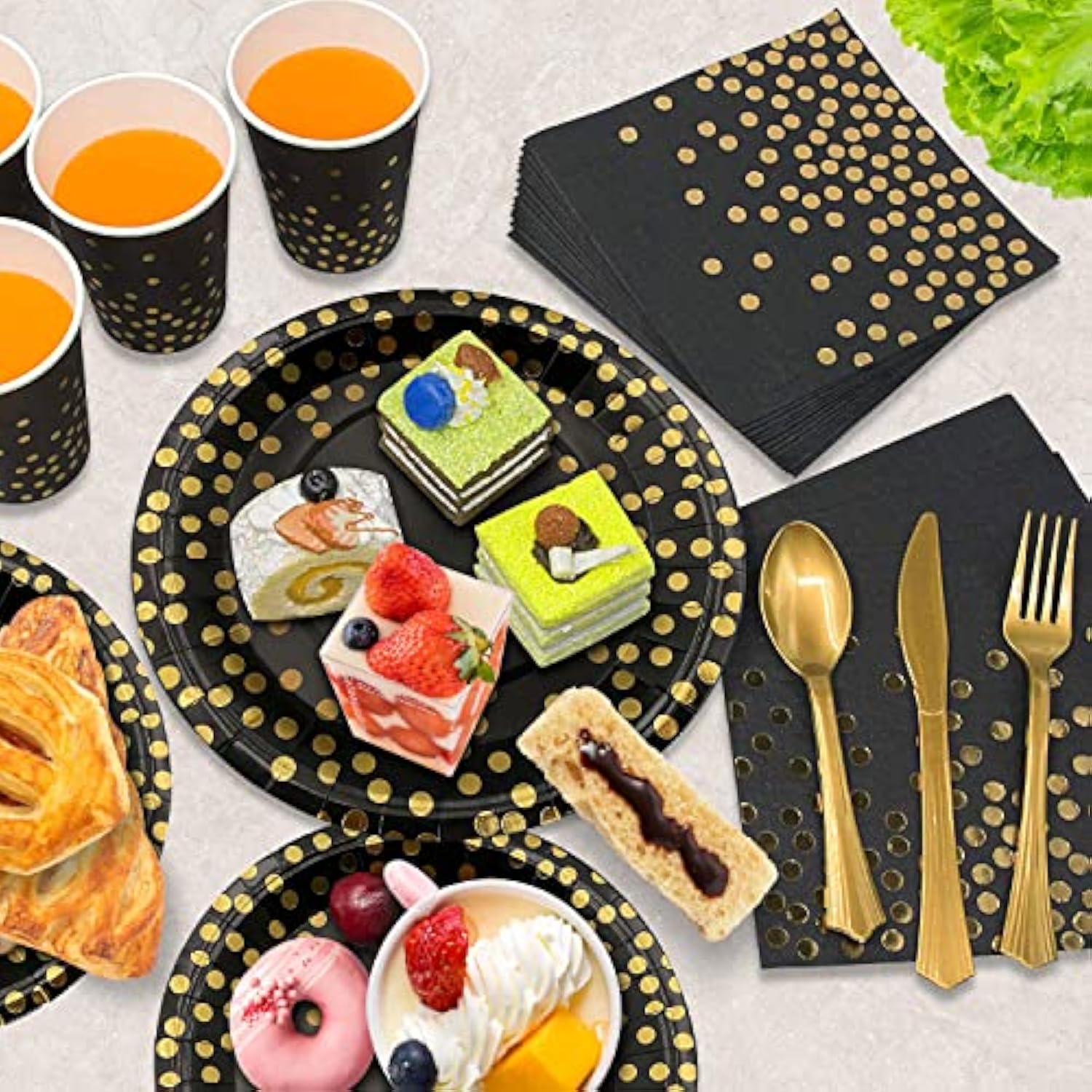 175Pcs Black And Gold Party Supplies, Severs 25 Disposable Party Dinnerware Gold Plastic Forks Knives Spoons And Golden Dot Black Paper Plates Black Napkins Cups For New Years Graduation Birthday