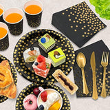 175Pcs Black And Gold Party Supplies, Severs 25 Disposable Party Dinnerware Gold Plastic Forks Knives Spoons And Golden Dot Black Paper Plates Black Napkins Cups For New Years Graduation Birthday
