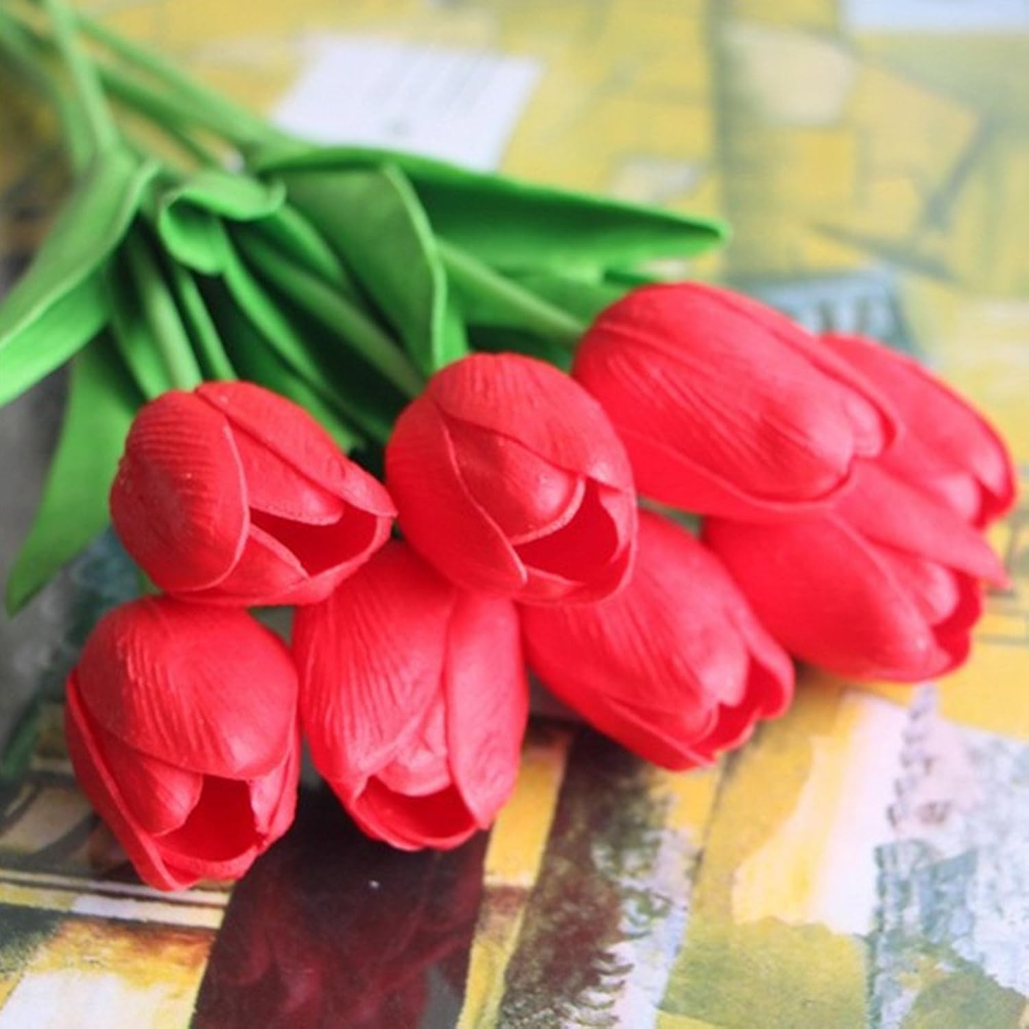 Artificial Tulips 10Pcs Real Touch Fake Tulips Pu Flower Arrangement Bouquets For Home Party Decoration (Red)