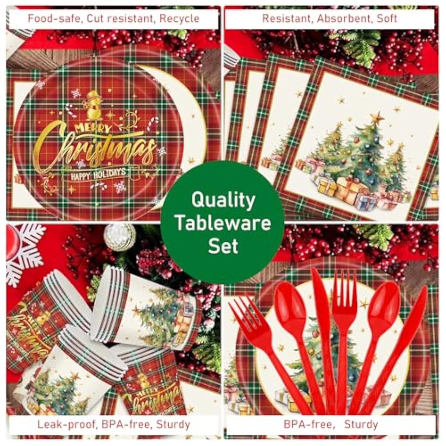 175Pcs Christmas Party Supplies Disposable Tableware Christmas Paper Plates And Napkins Sets Cups Cutlery For Merry Christmas Xmas Holiday Party Decorations, Serves 25