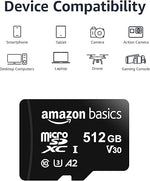 512GB Micro SDXC Memory Card, A2, U3, 100MB/s Read Speed, Full Adapter, Black