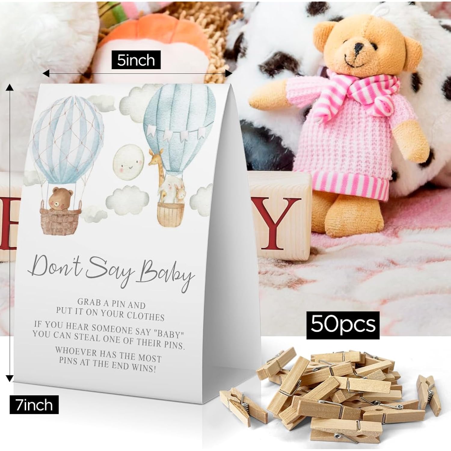 Don'T Say Baby Baby Shower Game, Animals Baby Shower Decoration Blue, Fire Balloon Don'T Say Baby Sign, Fun Baby Shower Games, Clothespins For Baby Shower-Dsba11