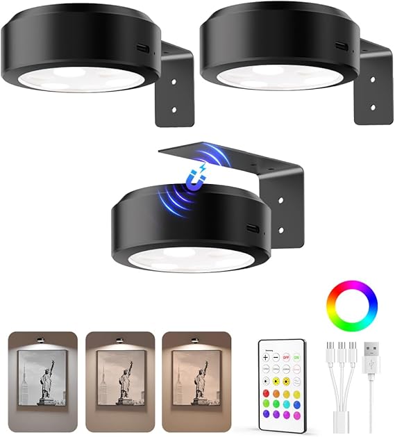 3 Pack Rechargeable Magnetic Picture Lights with Remote 3 Color Temps & RGB for Wall Art