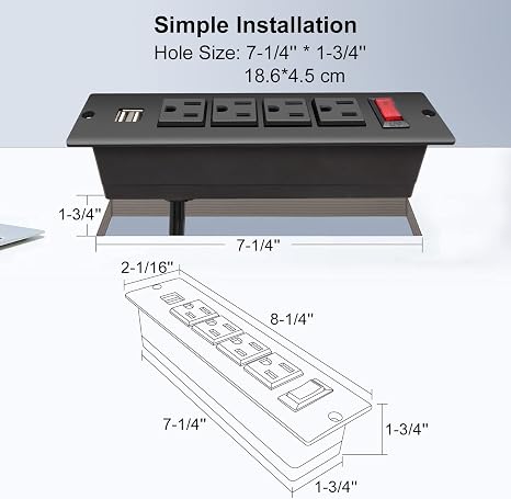 Recessed Flush Mount Power Strip with USB and Desktop Extension Cord