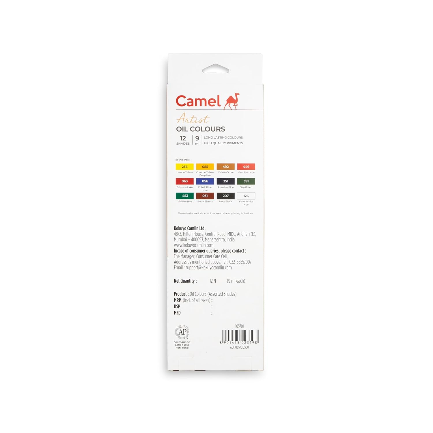 Camel Artist's Oil Color Box - 9Ml Tubes, 12 Shades