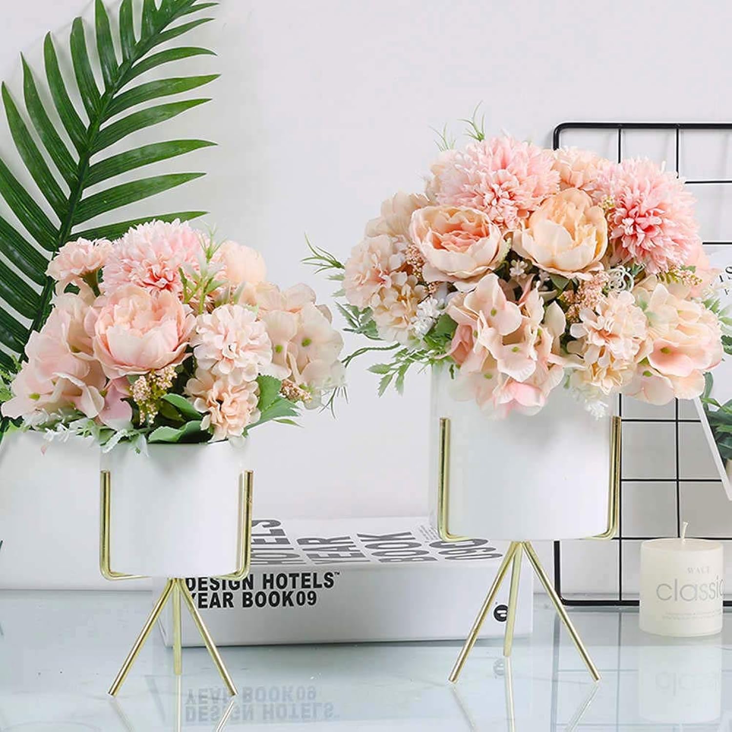 Fake Artificial Flowers, Peony Silk Hydrangea Bouquet Decor Plastic Carnations Flower Arrangements Wedding Decoration Table Centerpieces (Light Pink)