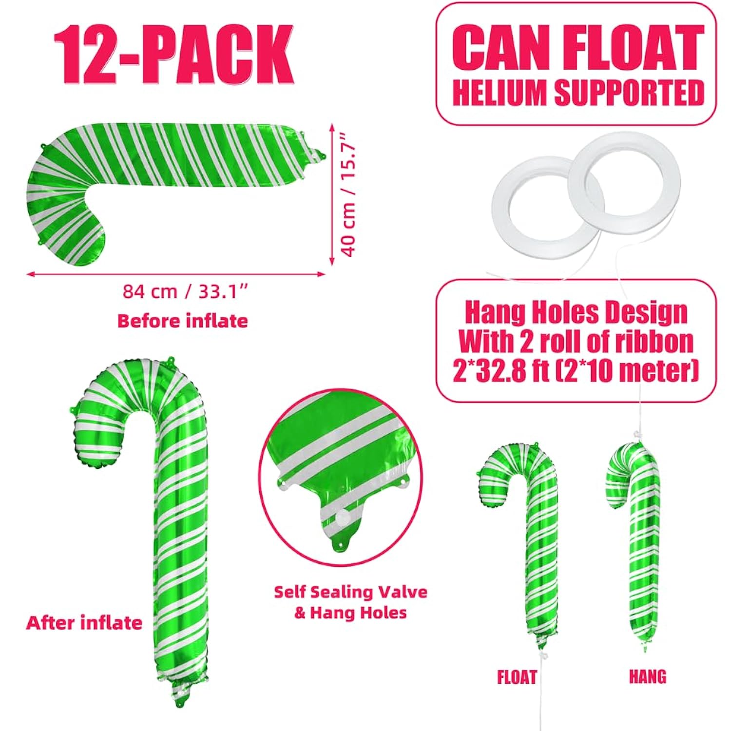 12 Sweet Xmas Candy Cane Foil Balloon, Merry Christmas Lollipop Red Green Pink Santa Canes Walking Stick Balloons For New Year Candyland Theme Baby Shower Birthday Party Decoration Supplies