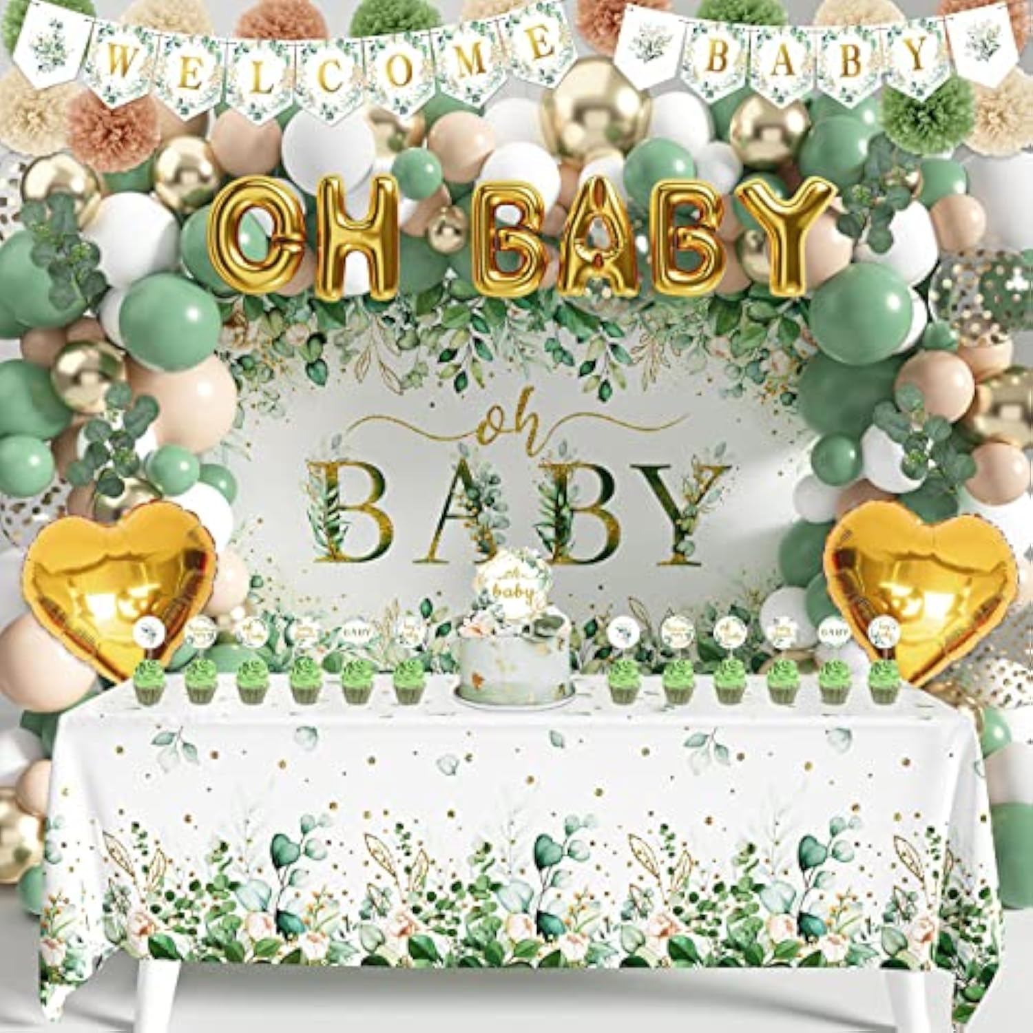 Sage Green Baby Shower Decoration For Girl Boy 99Pcs, Boho Greency Neutral Party Supplies With Oh Baby Backdrop Tablecloth Balloon Garland Kit For Woodland Safari Gender Reveal Party Decor