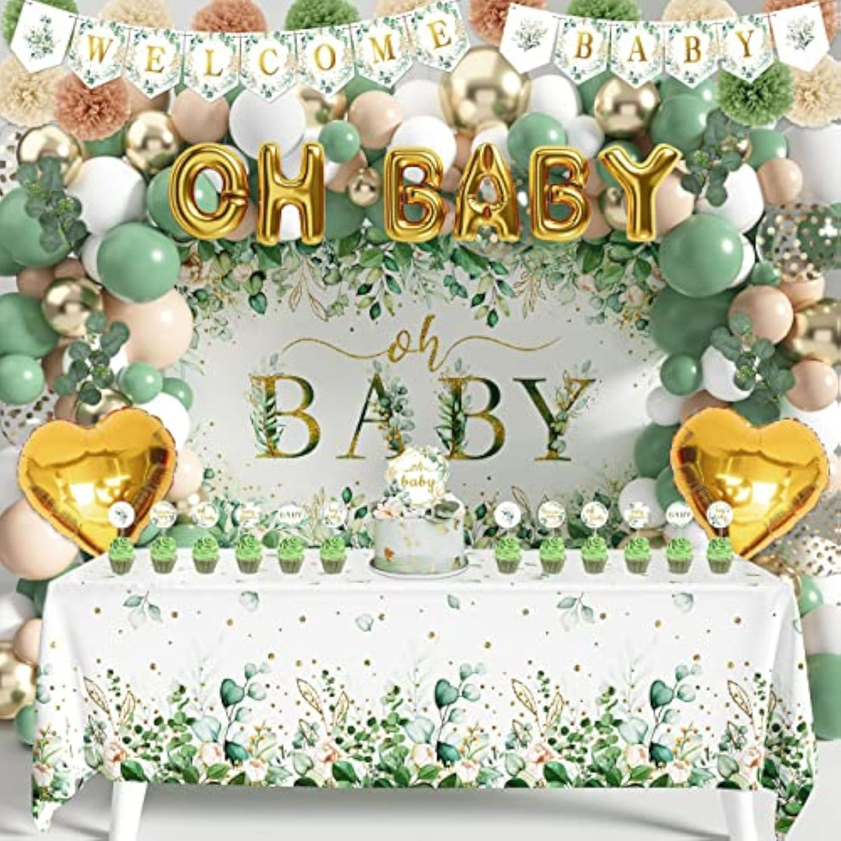 Sage Green Baby Shower Decoration For Girl Boy 99Pcs, Boho Greency Neutral Party Supplies With Oh Baby Backdrop Tablecloth Balloon Garland Kit For Woodland Safari Gender Reveal Party Decor