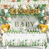 Sage Green Baby Shower Decoration For Girl Boy 99Pcs, Boho Greency Neutral Party Supplies With Oh Baby Backdrop Tablecloth Balloon Garland Kit For Woodland Safari Gender Reveal Party Decor