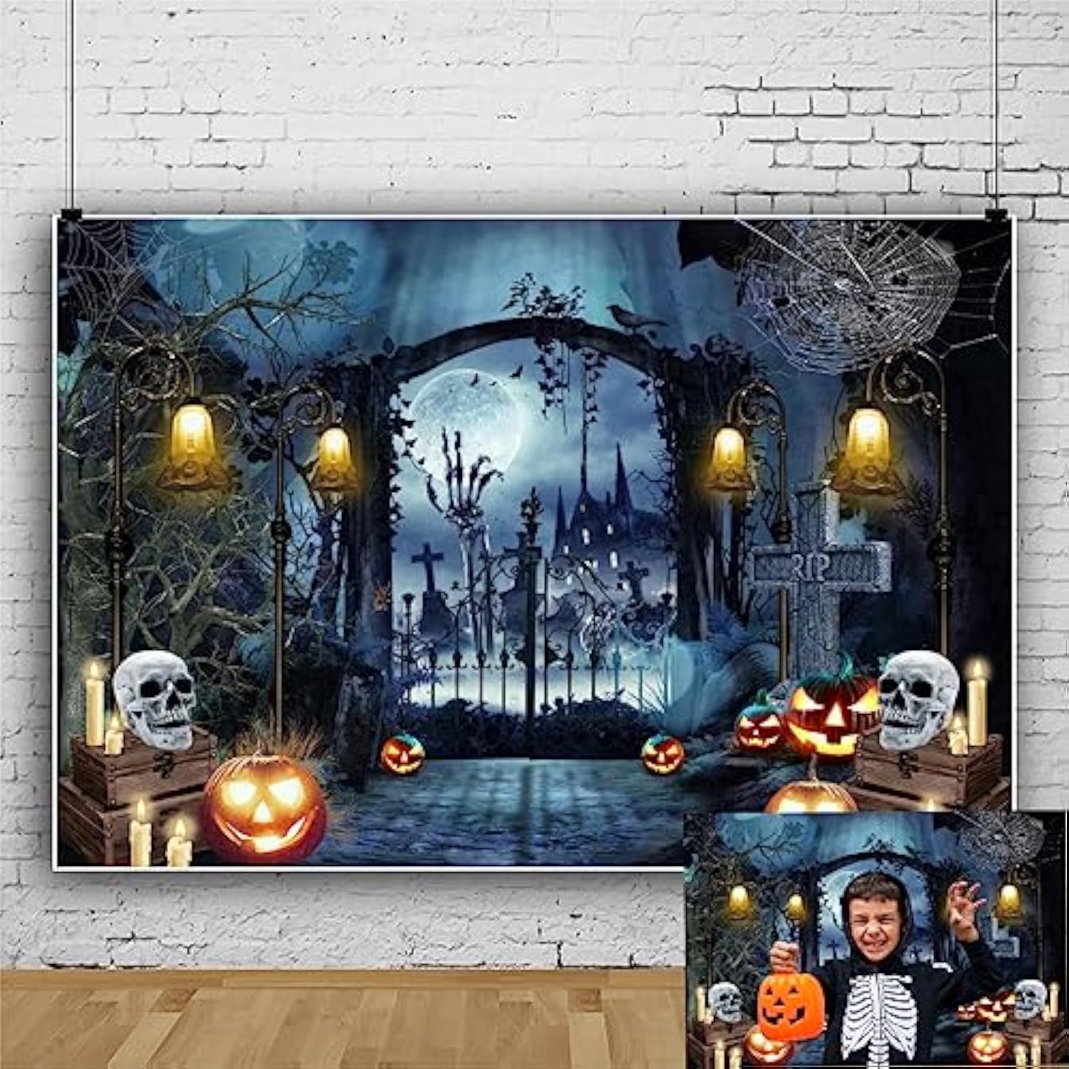 Halloween Backdrop 7x5ft Graveyard Gate Skeleton Pumpkin Full Moon Cemetery Banner Party Decoration