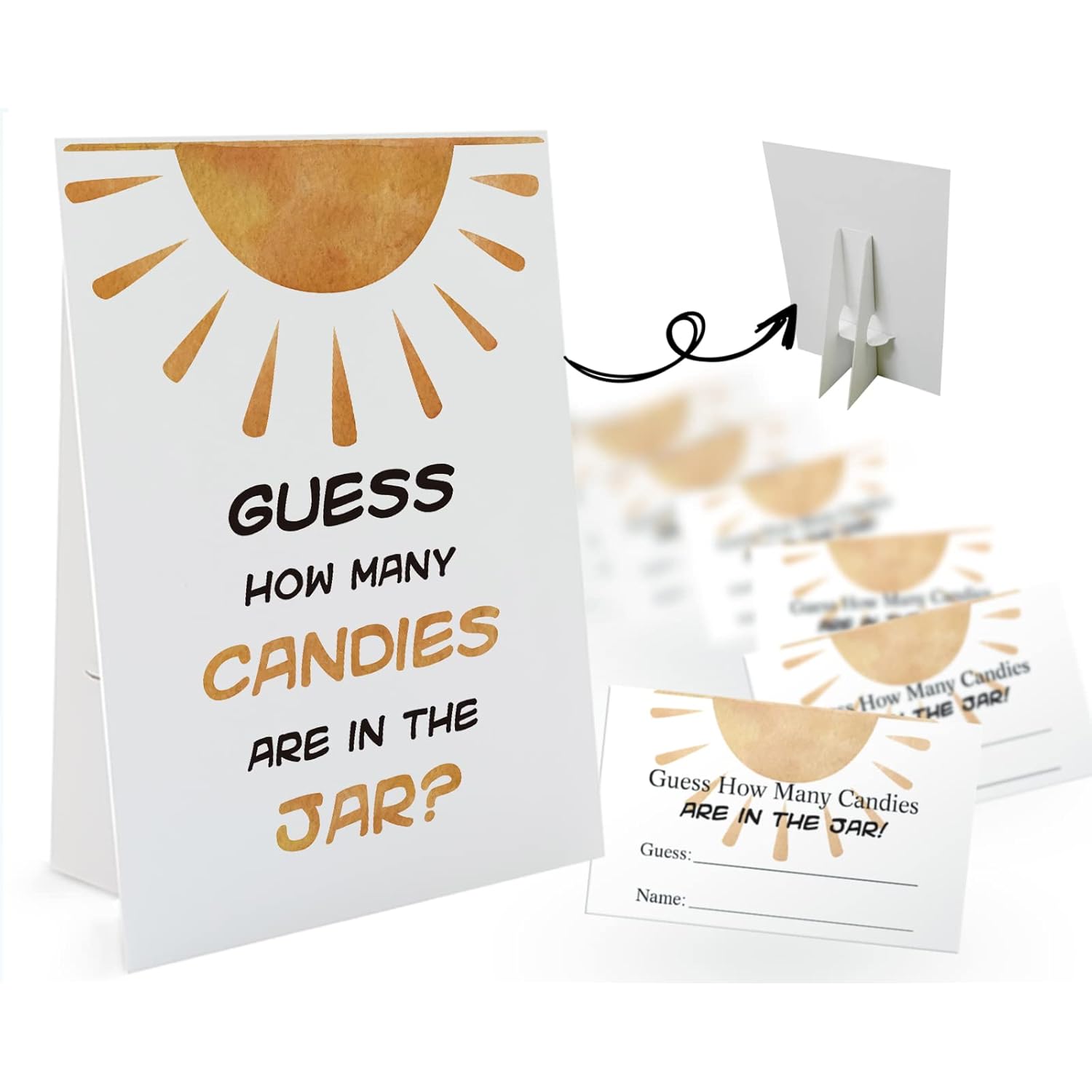 Candy Guessing Game Cards-1 Sign 8X11 And 50 Cards, Sun How Many Game Sign, For Boys Girls Birthday Party, Baby Shower, Party Games Activities And Decorations 07