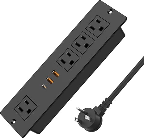 Recessed Power Strip Flush Mounted Drawer Outlet 4 Outlets USB-C 6FT Cord