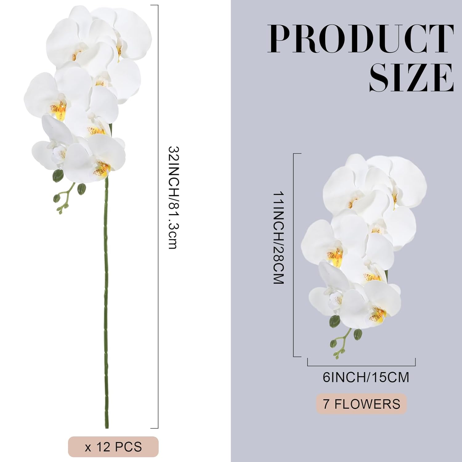 12 Pcs 32 Inch Artificial Phalaenopsis Flowers White Artificial Orchid Flowers Stem Plants Natural Large Bloom Orchids 7 Blooms Fake Phalaenopsis Flower Bulk For Home Office Wedding Decoration