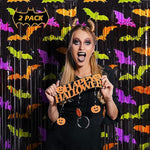 Mega-L Halloween Party Decorations 2 Pack Green Orange Purple Bat Pattern Photo Booth Props, 3.3 X 6.6 Ft Metallic Foil Fringe Curtains, Halloween Photo Backdrop Streamers Halloween Party Supplies