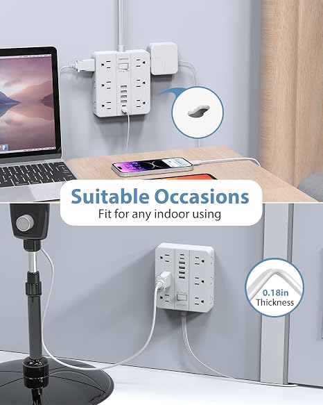 Power Strip 12 Outlets 6 USB Ports 2 USB C 10 Ft Extension Cord Flat Plug