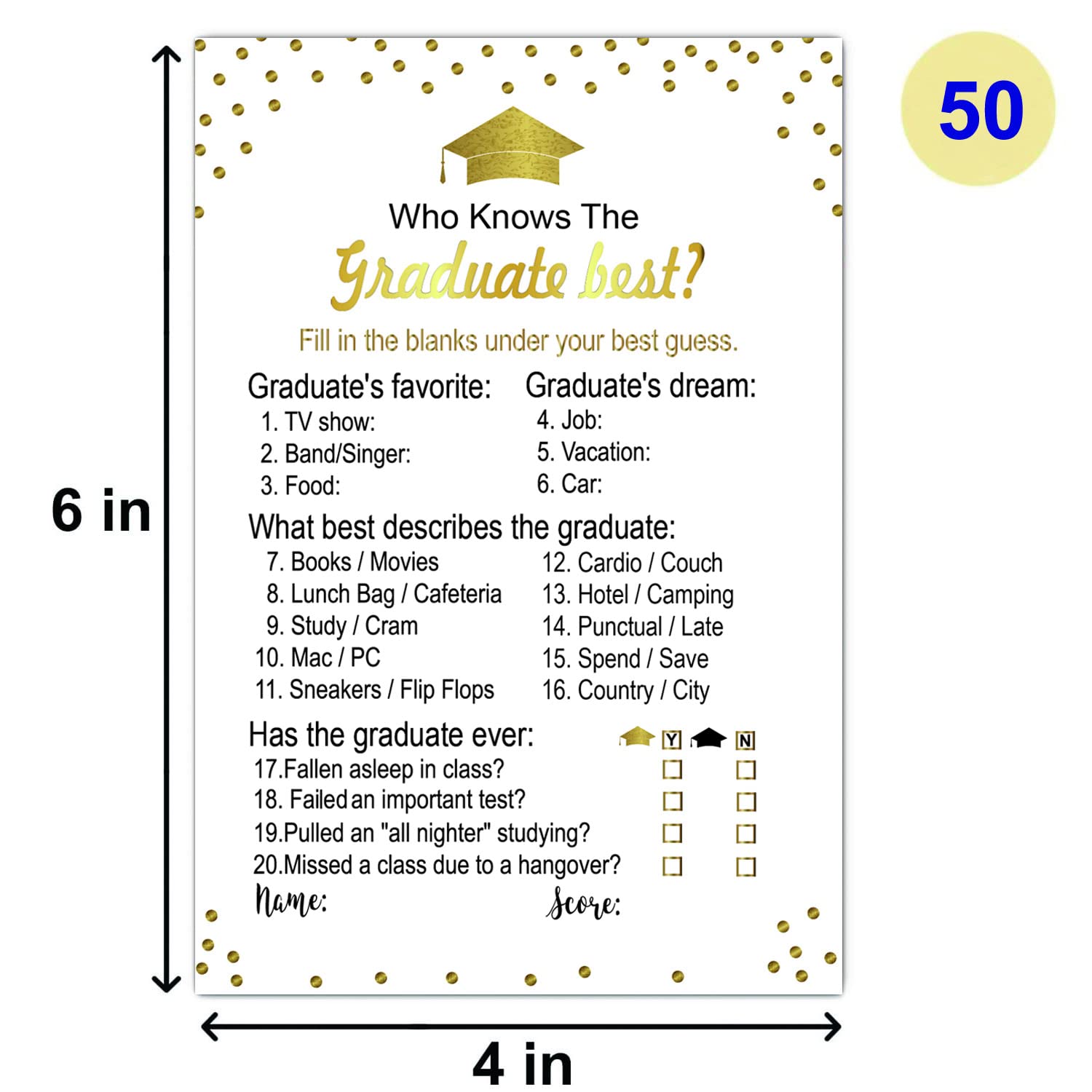 50 Pieces Graduation Party Game Cards, Who Knows The Graduate Best, Graduation Party Supplies For High School College Graduation Ceremony