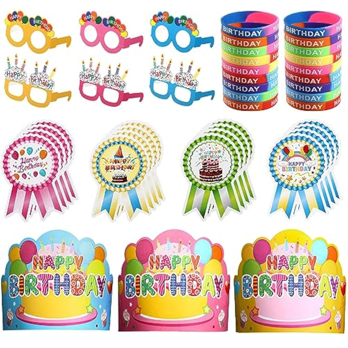 144 Pcs Birthday Classroom Party Supplies 36 Birthday Crowns For Kids 36 Funny Sunglasses Paper Sunglasses 36 Badge Stickers 36 Silicone Stretch Wristbands(Cute Color)