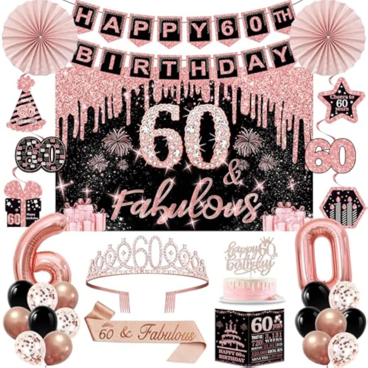 60Th Birthday Decorations For Women,32Pcs 60Th Birthday Party Decorations,Including Backdrop, Crown, Sash, Banner, Hanging Swirl,Cake Topper,Balloons,Paper Fans,Anniversary Card And Paper Fans