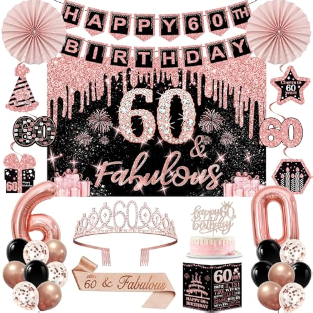 60Th Birthday Decorations For Women,32Pcs 60Th Birthday Party Decorations,Including Backdrop, Crown, Sash, Banner, Hanging Swirl,Cake Topper,Balloons,Paper Fans,Anniversary Card And Paper Fans
